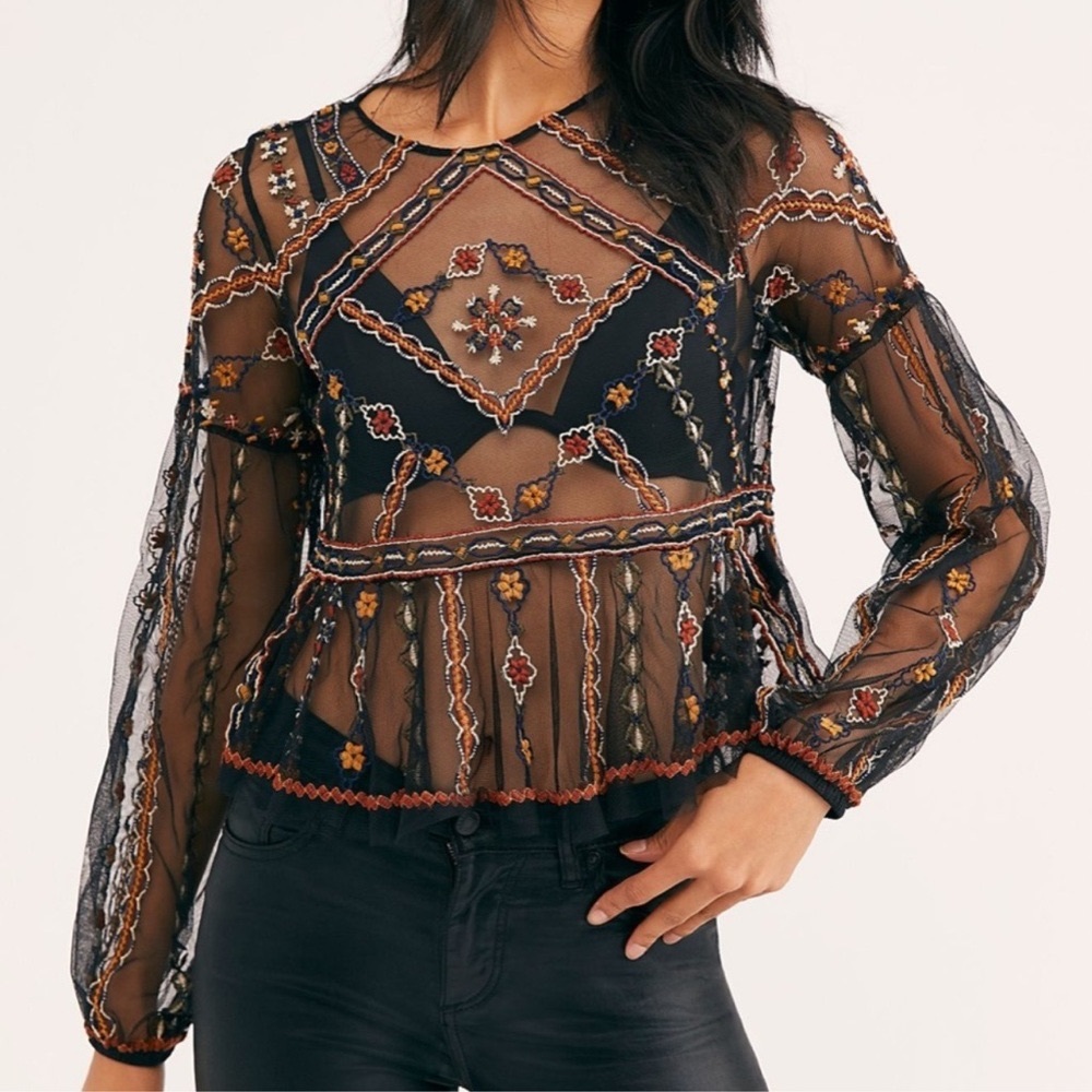 Free People / Give a Little Mesh / Embroidered Peplum Top